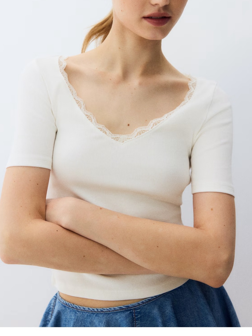 H&M NWT Cream Ribbed Lace-Trim V-Neck Short Sleeve Top
